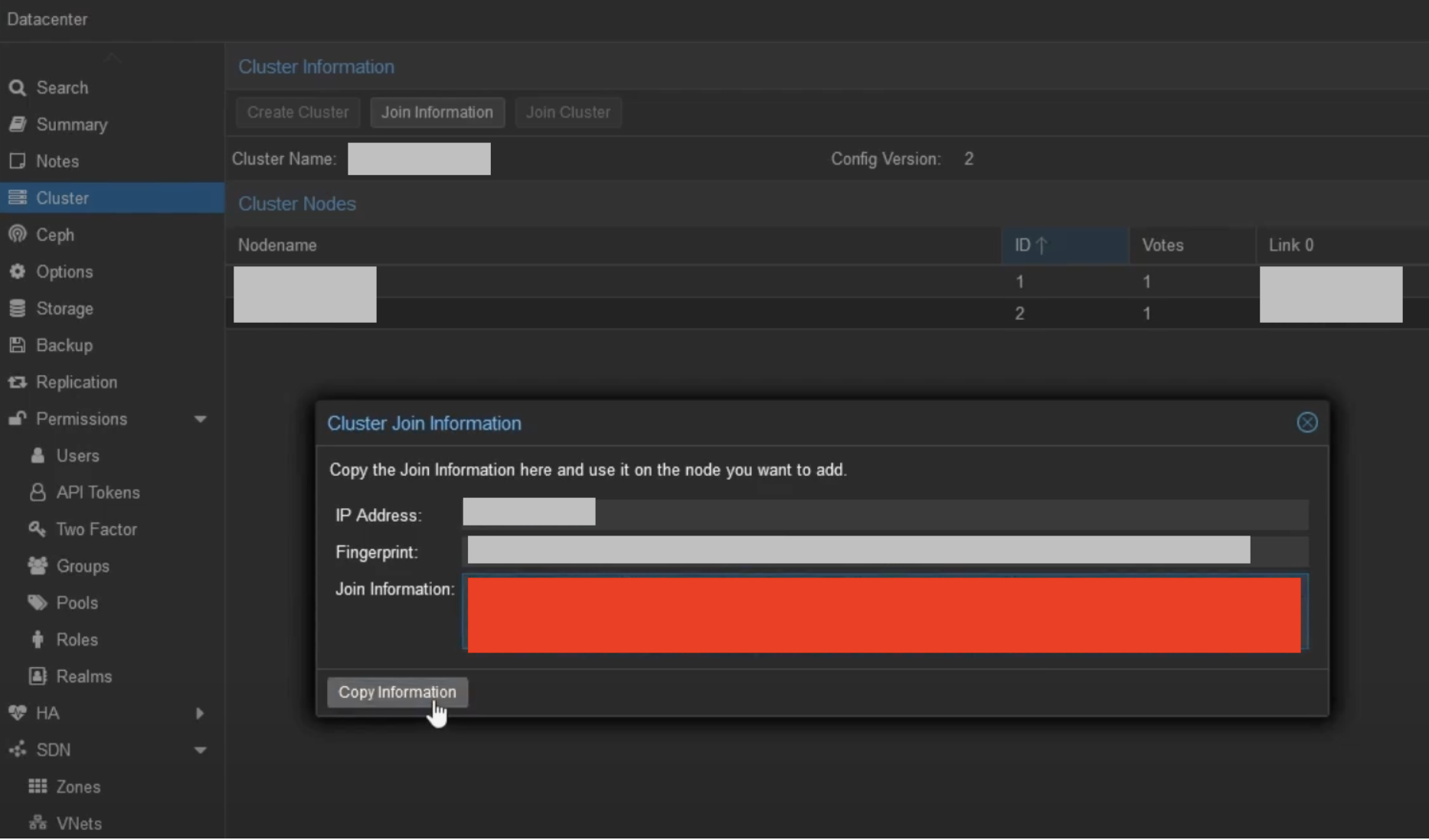 screen showing how to join information in Proxmox cluster